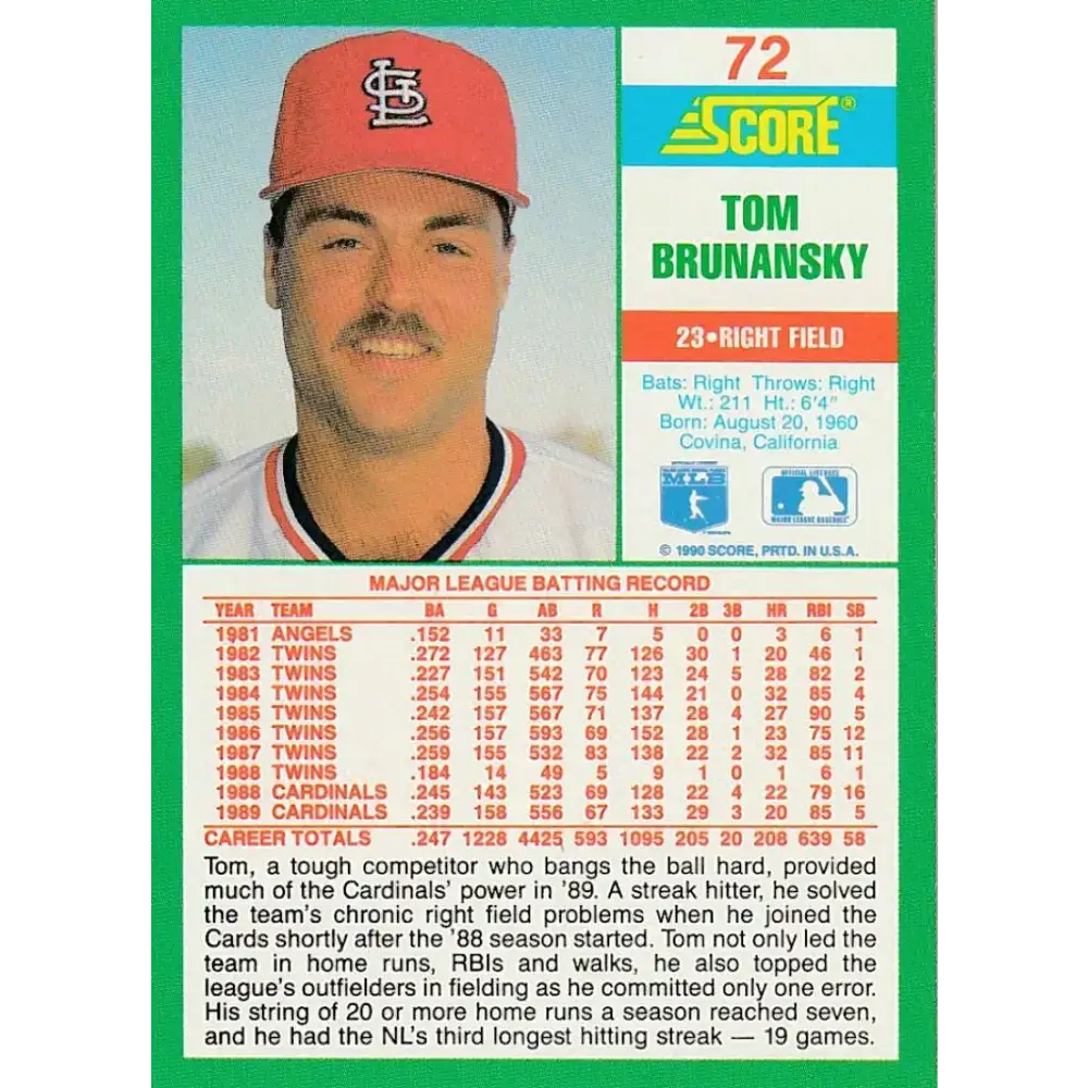 1990 Score #72 Tom Brunansky NM-MT St. Louis Cardinals Baseball Card - Baseball Card Single