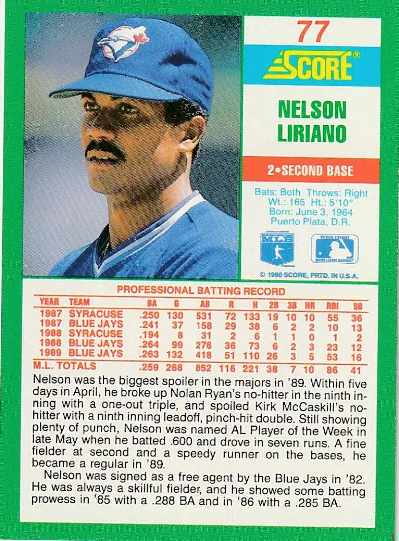 1990 Score #77 Nelson Liriano EX Excellent Toronto Blue Jays Baseball Card - Baseball Card Single