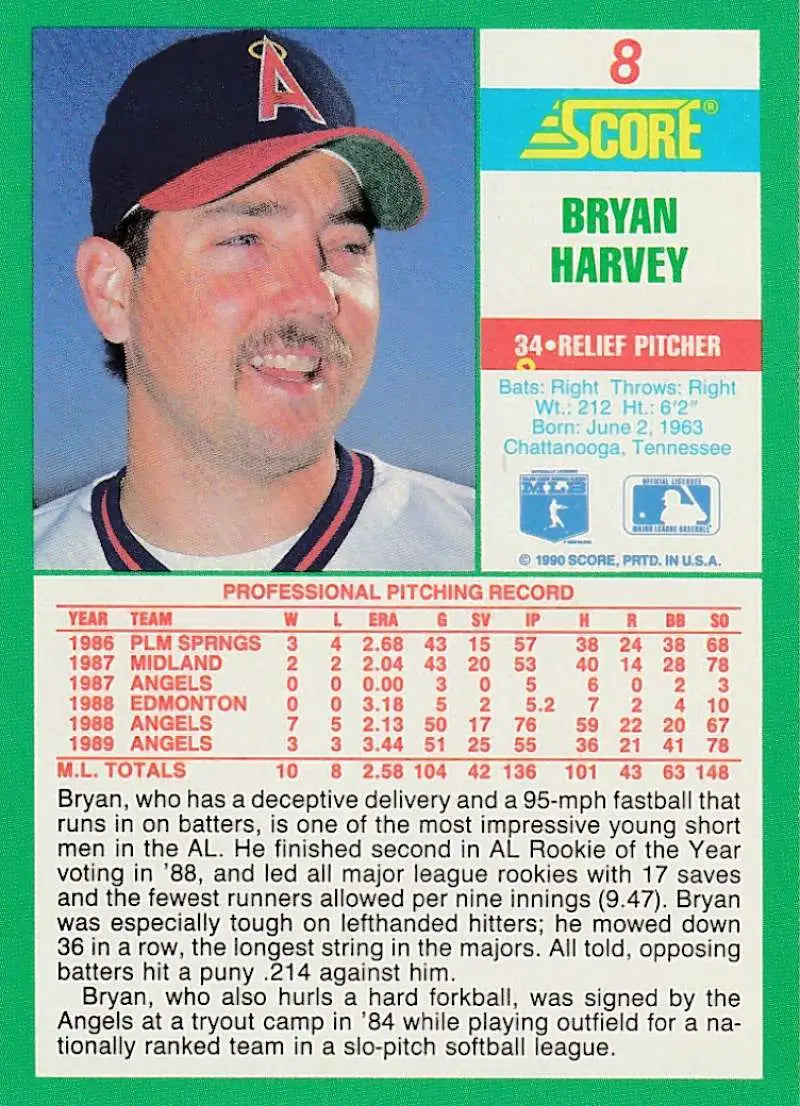 1990 Score #8 Bryan Harvey EX Excellent California Angels Baseball Card - Baseball Card Single