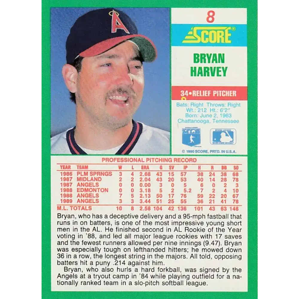 1990 Score #8 Bryan Harvey NM-MT California Angels Baseball Card - Baseball Card Single