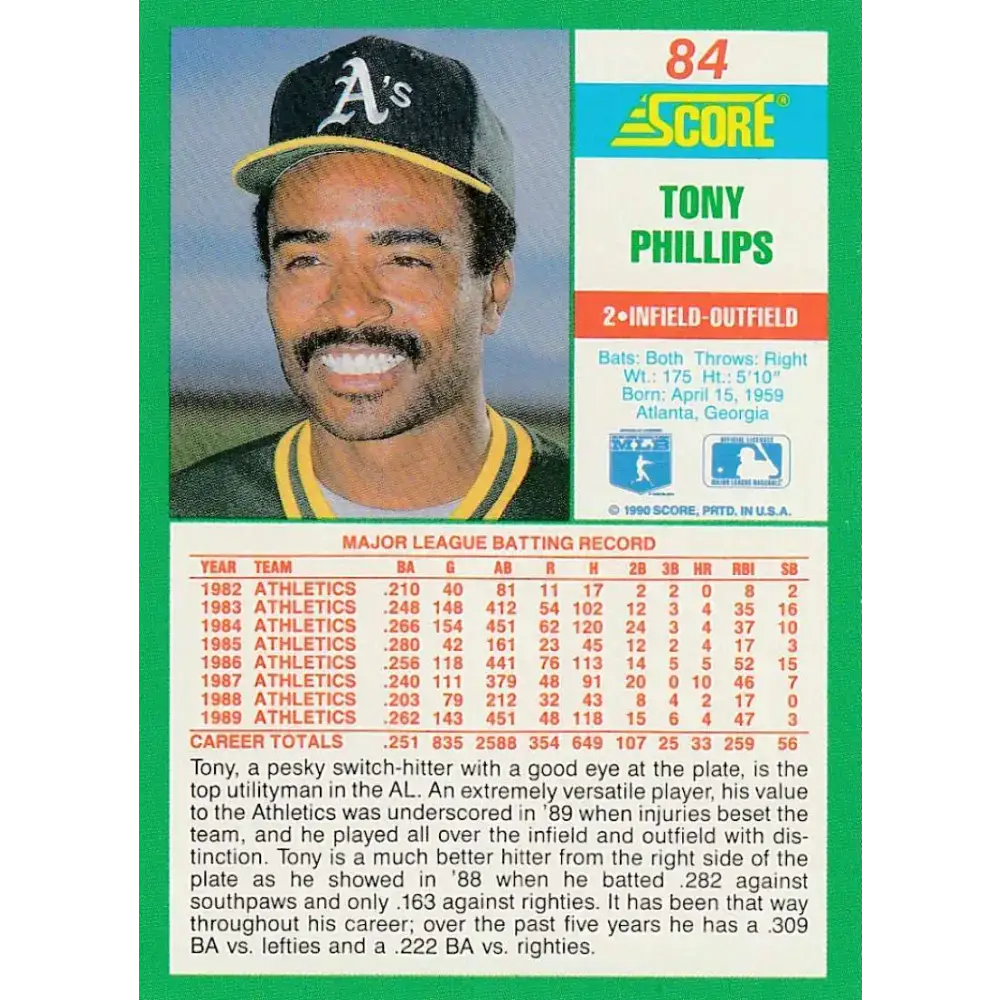 1990 Score #84 Tony Phillips NM-MT Oakland Athletics Baseball Card - Baseball Card Single