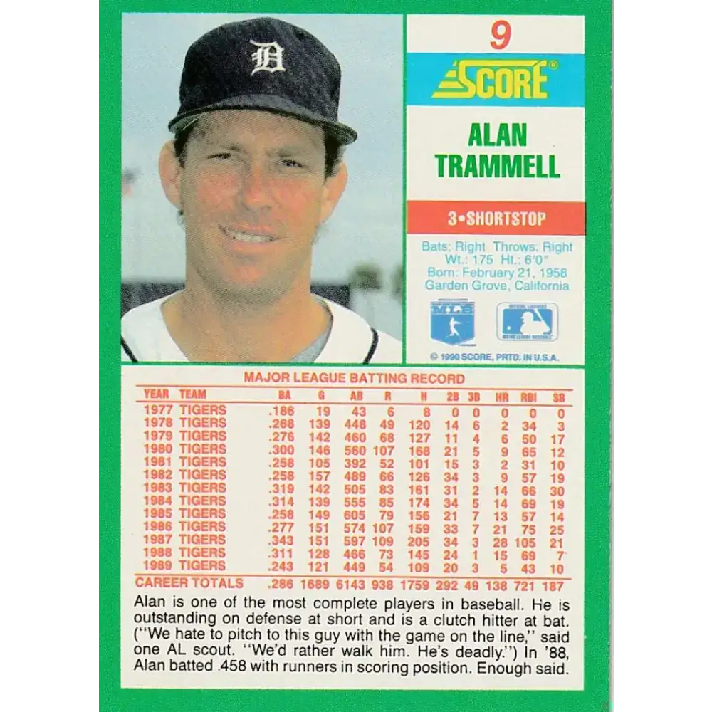 1990 Score #9 Alan Trammell NM-MT Detroit Tigers Baseball Card - Baseball Card Single
