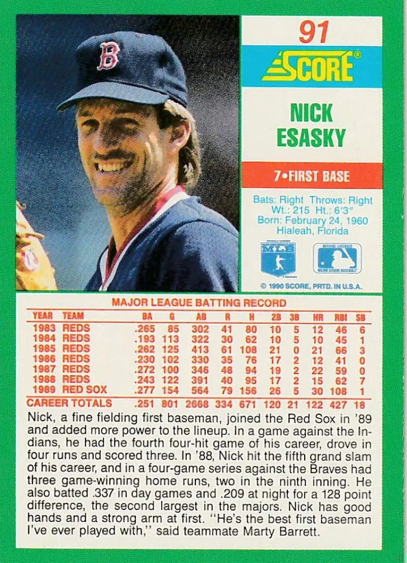 1991 Score baseball card of Nick Esasky, first baseman for the Boston Red Sox
