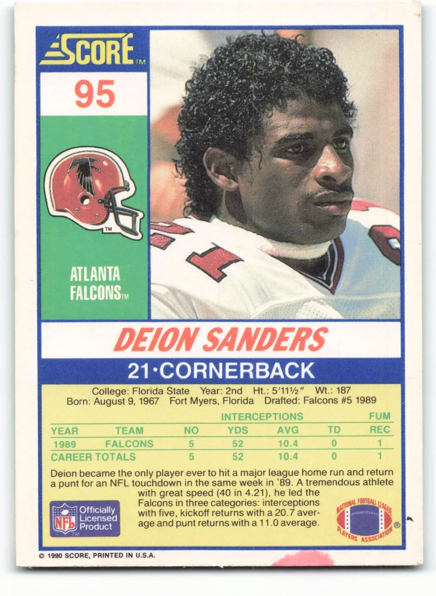 1990 Score #95 Deion Sanders NM-MT Atlanta Falcons Football Card - Football Card Single