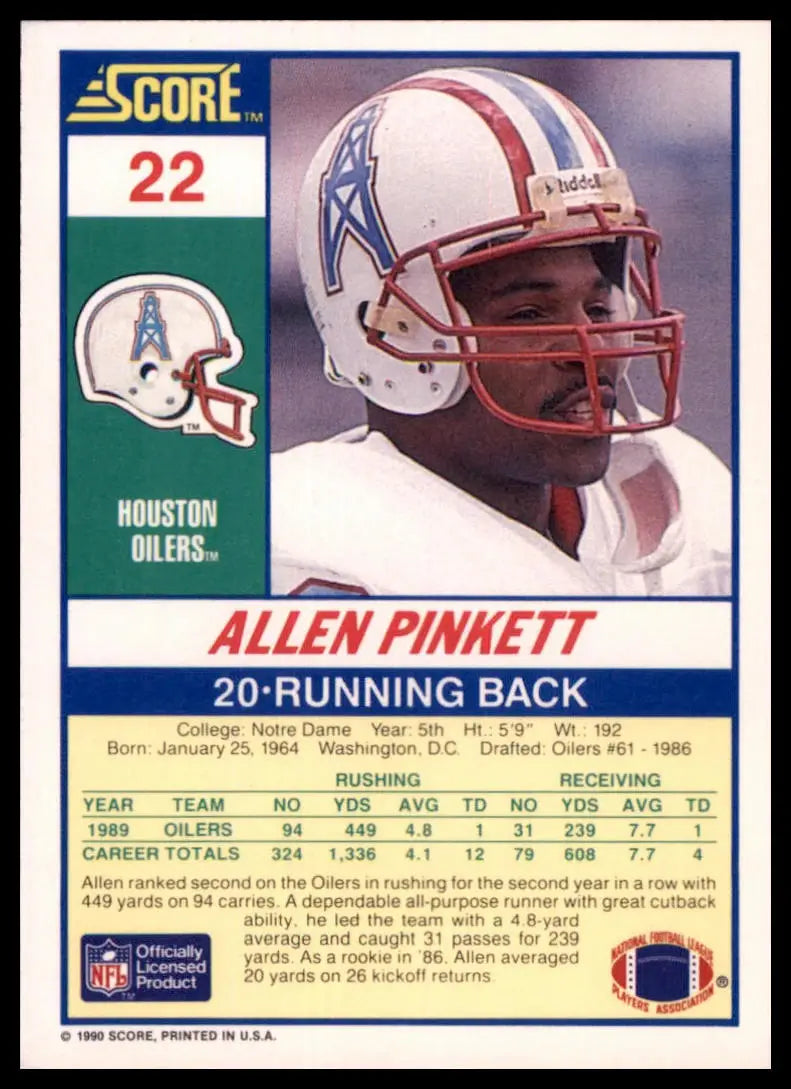 1990 Score Allen Pinkett 22 Houston Oilers NM - Football Card Single