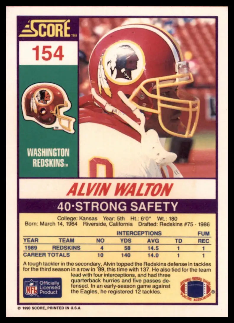 1990 Score Alvin Walton 154 Washington Redskins NM - Football Card Single