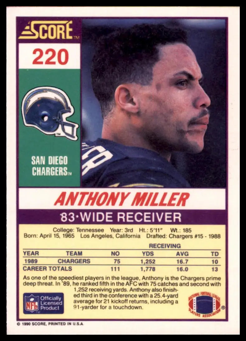 1990 Score Anthony Miller 220 San Diego Chargers NM - Football Card Single