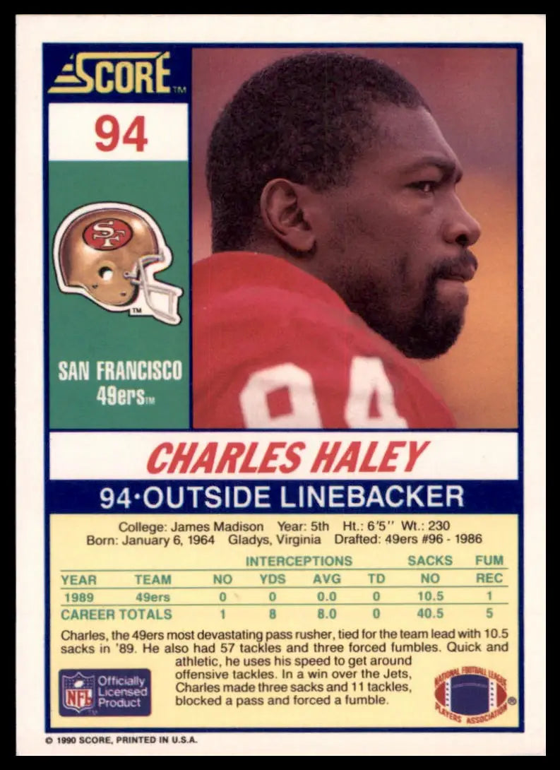 1990 Score Charles Haley 94 San Francisco 49ers NM - Football Card Single