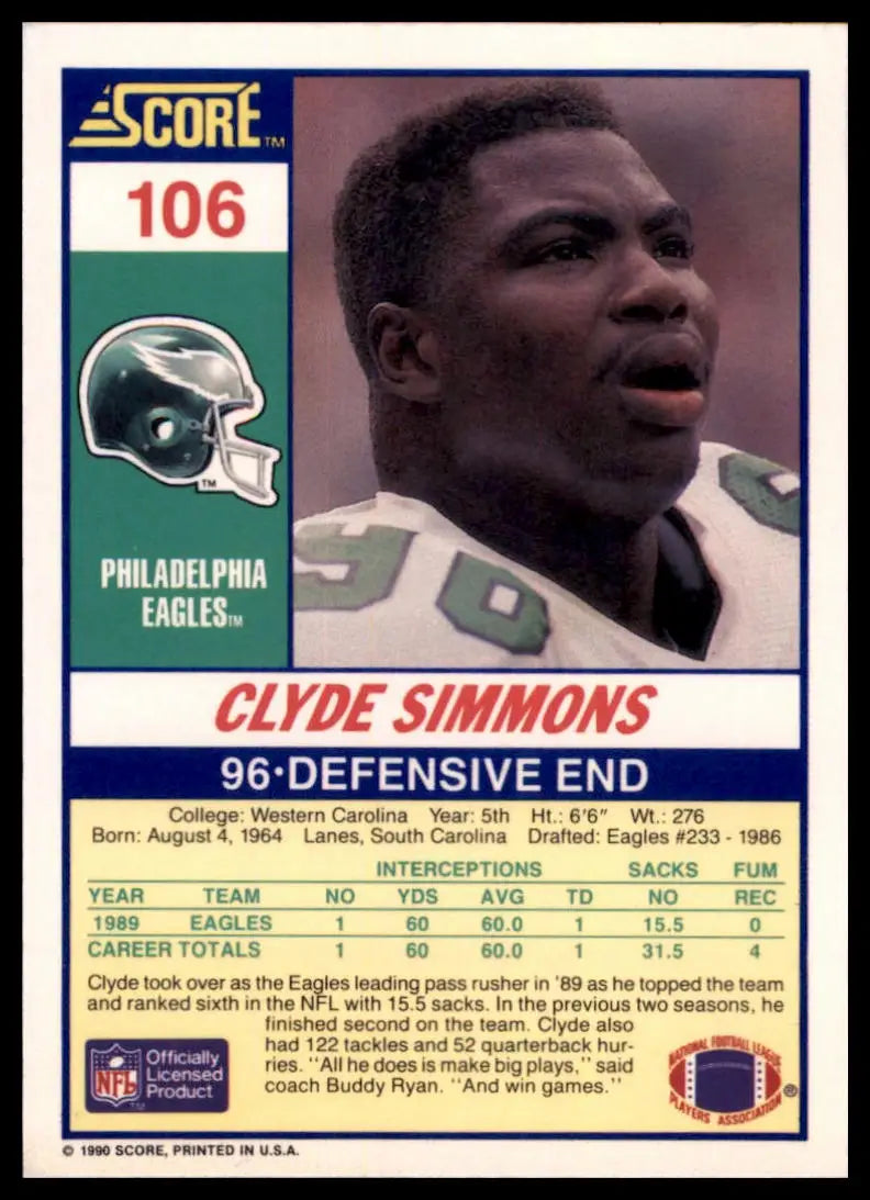1990 Score Clyde Simmons 106 Philadelphia Eagles NM - Football Card Single