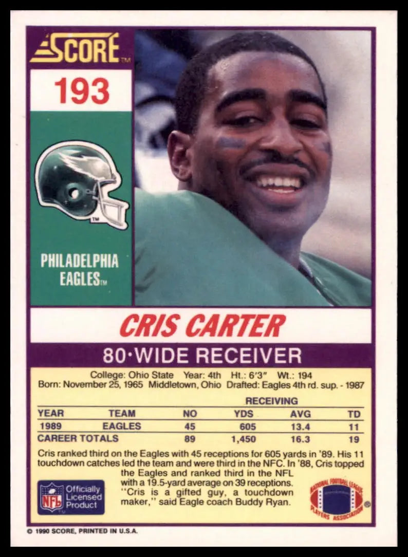 1990 Score Cris Carter 193 Philadelphia Eagles NM - Football Card Single