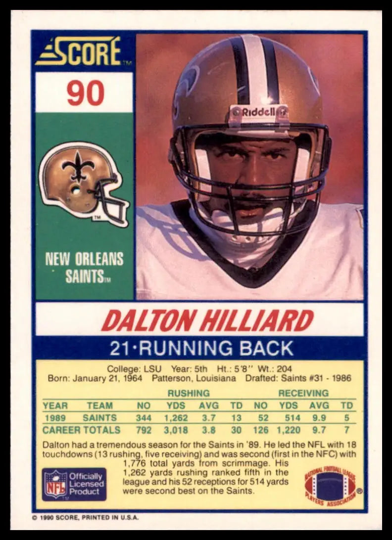 1990 Score Dalton Hilliard 90 New Orleans Saints NM - Football Card Single