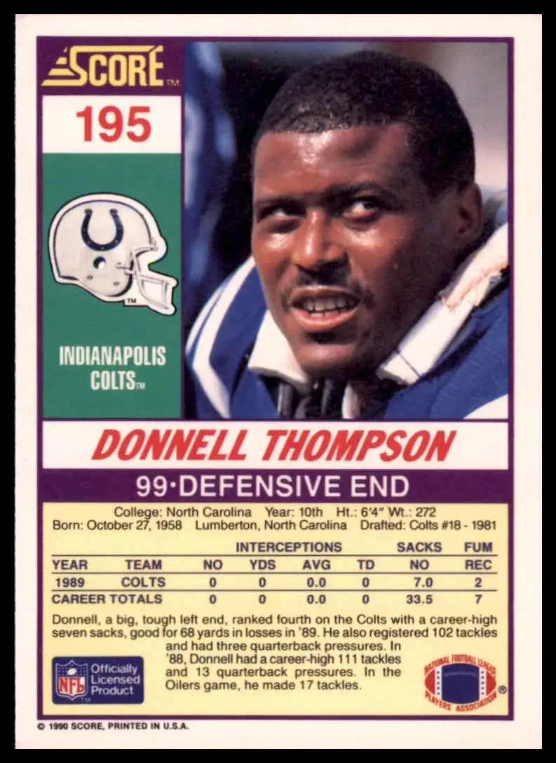 1990 Score Donnell Thompson 195 Indianapolis Colts NM - Football Card Single