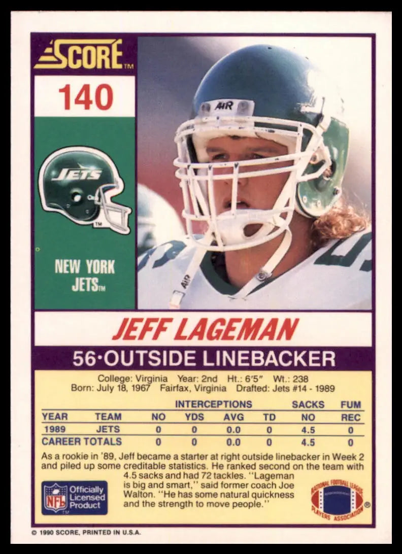 1990 Score Jeff Lageman 140 New York Jets NM - Football Card Single
