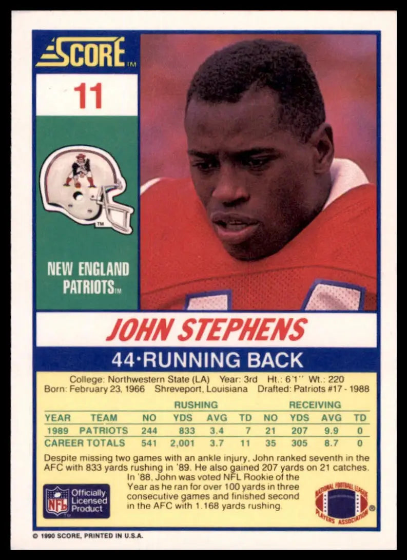 1990 Score John Stephens 11 New England Patriots NM - Football Card Single