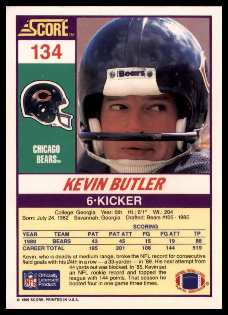 1990 Score Kevin Butler 134 Chicago Bears NM - Football Card Single