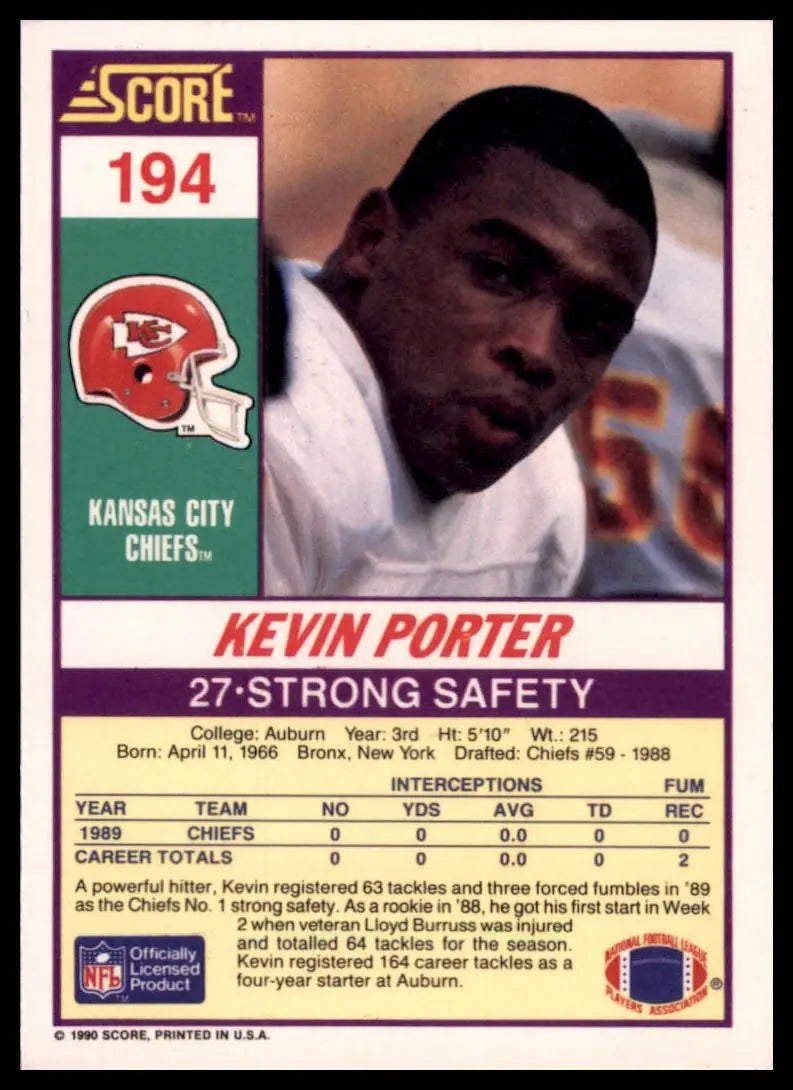 1990 Score Kevin Porter RC 194 Kansas City Chiefs NM - Football Card Single