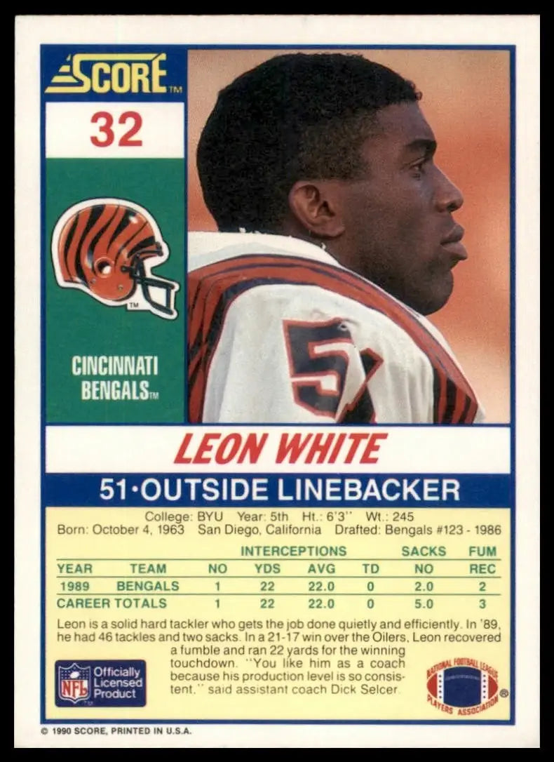 1990 Score Leon White #32 Cincinnati Bengals Football Card NFL Sports - Football Card Single