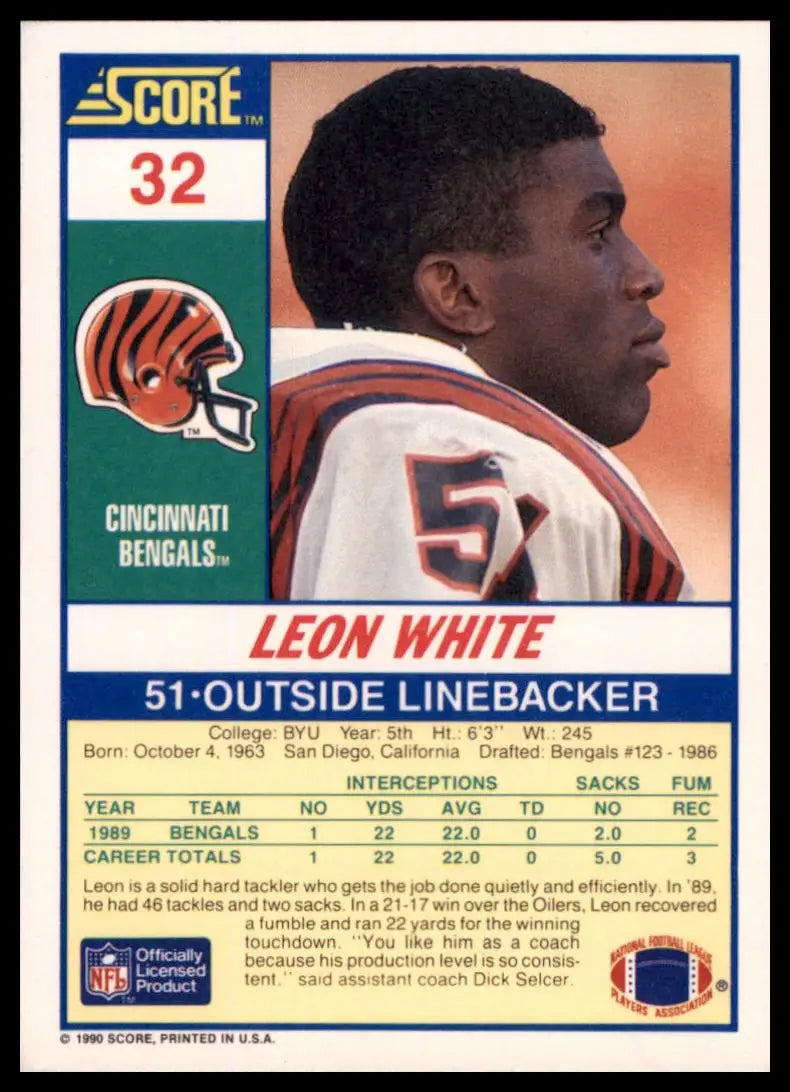 1990 Score Leon White 32 Cincinnati Bengals NM - Football Card Single