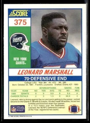 1990 Score Leonard Marshall #375 New York Giants - Football Card Single