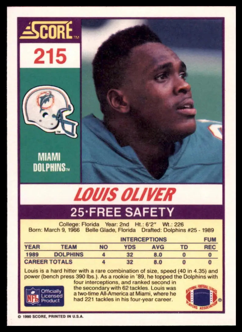 1990 Score Louis Oliver 215 Miami Dolphins NM - Football Card Single