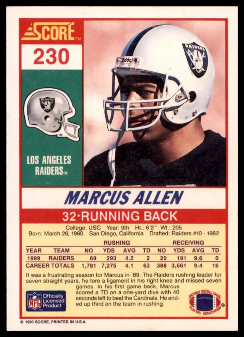 1990 Score Marcus Allen 230 Los Angeles Raiders NM - Football Card Single