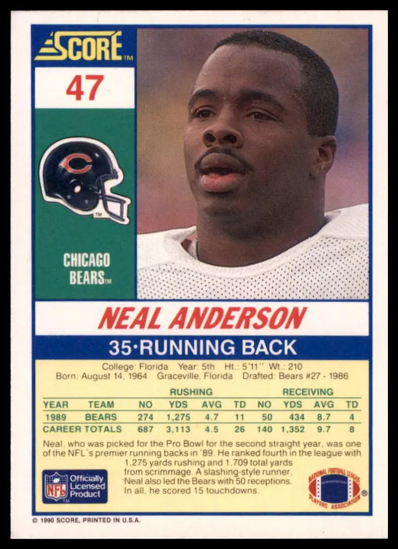 1990 Score Neal Anderson 47 Chicago Bears NM - Football Card Single
