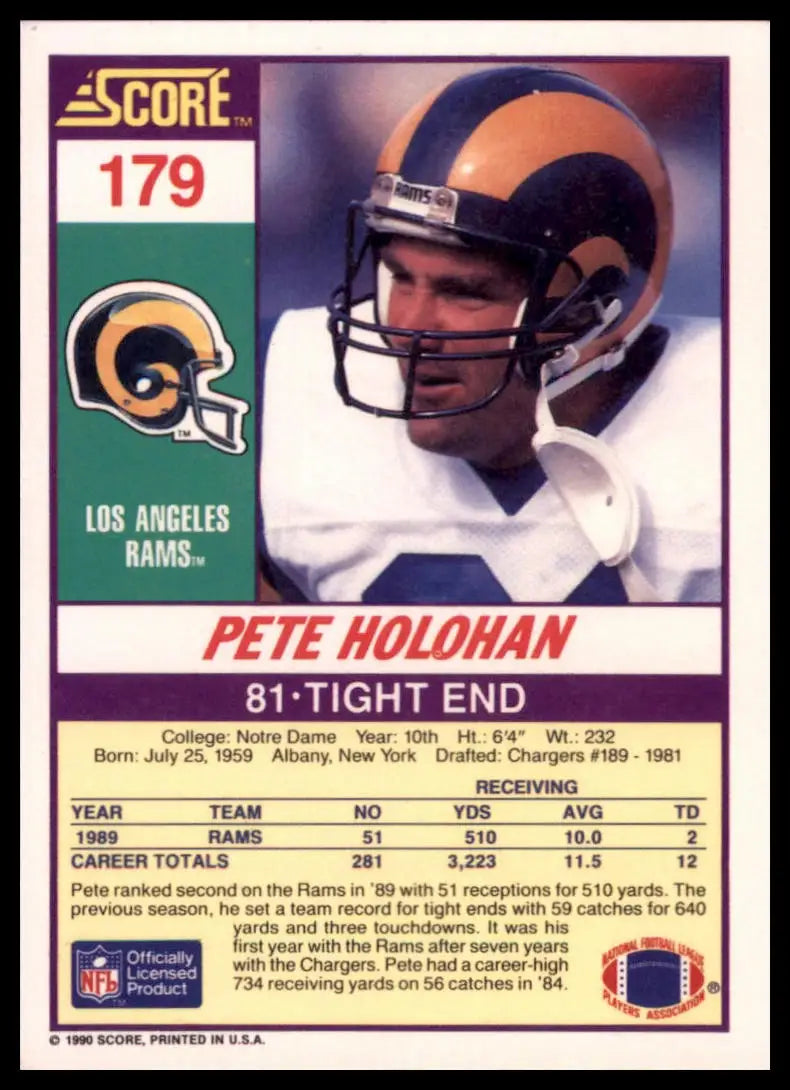 1990 Score Pete Holohan 179 Los Angeles Rams NM - Football Card Single