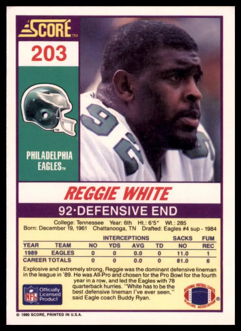 1990 Score Reggie White 203 Philadelphia Eagles NM - Football Card Single