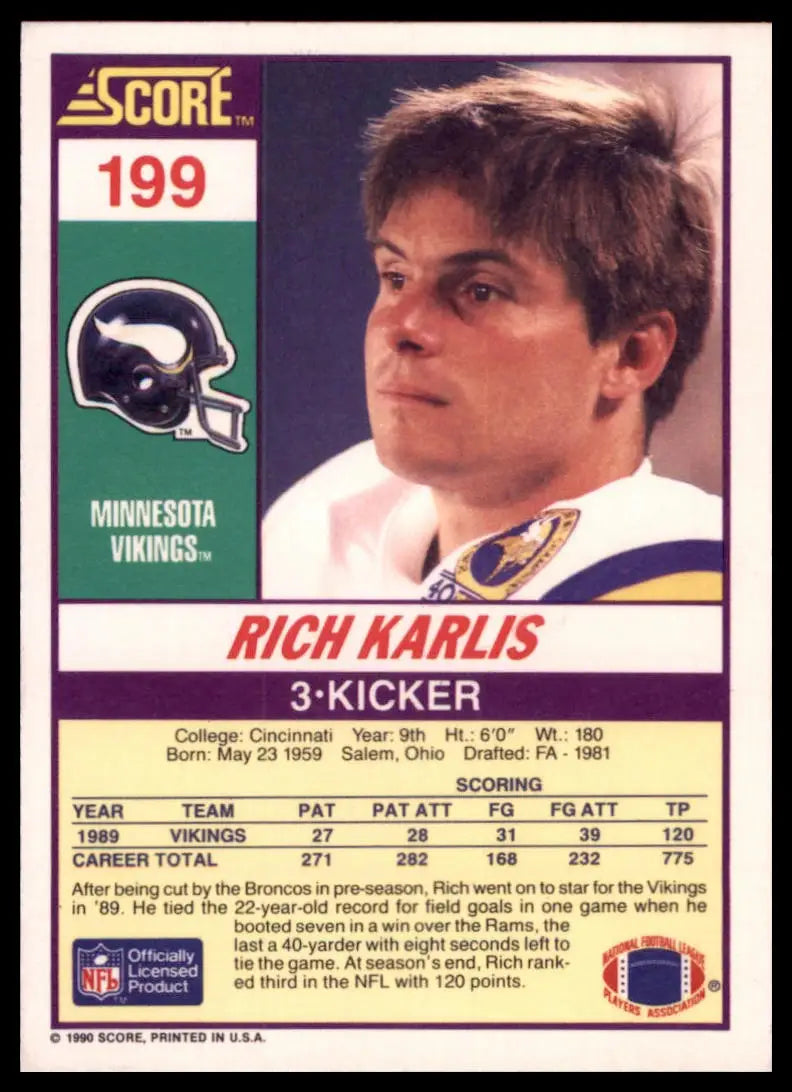 1990 Score Rich Karlis 199 Minnesota Vikings NM - Football Card Single