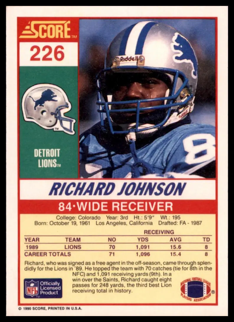 1990 Score Richard Johnson RC 226 Detroit Lions NM - Football Card Single