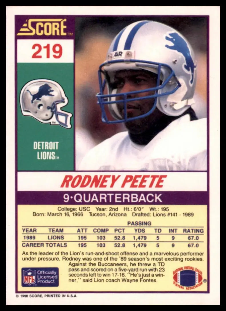 1990 Score Rodney Peete 219 Detroit Lions NM - Football Card Single