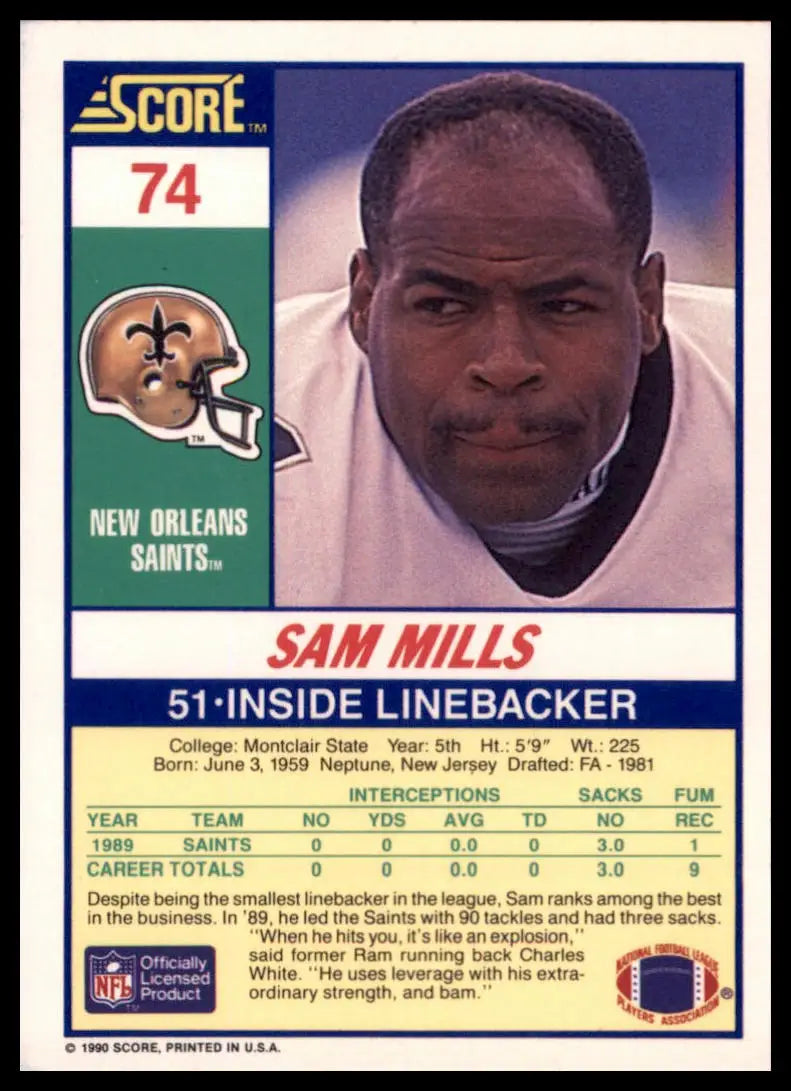 1990 Score Sam Mills 74 New Orleans Saints NM - Football Card Single