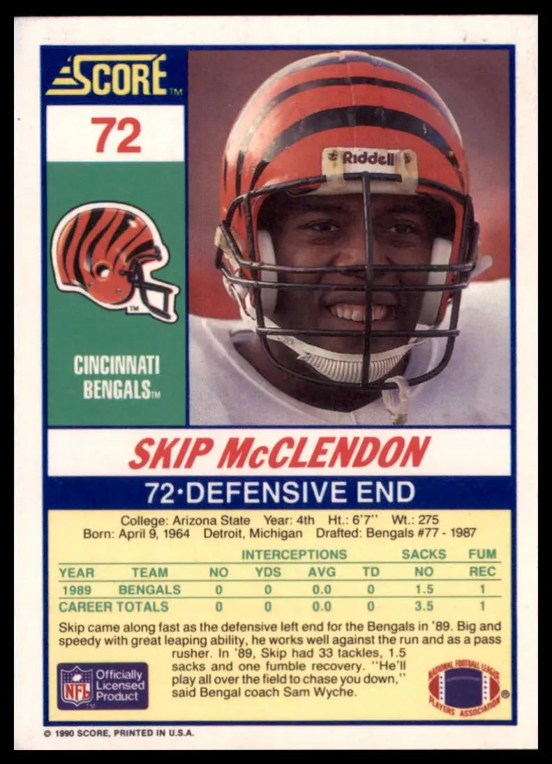 1990 Score Skip McClendon RC 72 Cincinnati Bengals NM - Football Card Single