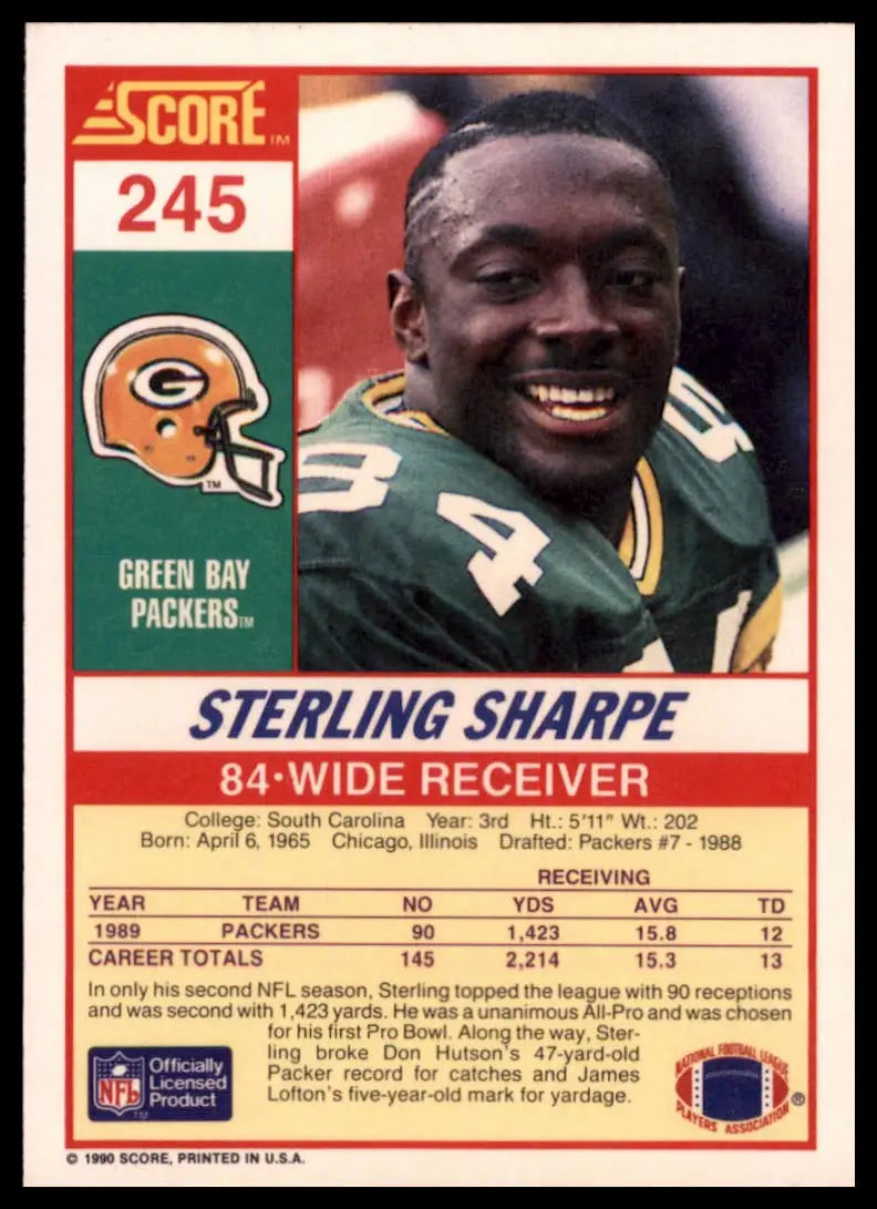 1990 Score Sterling Sharpe 245 Green Bay Packers NM - Football Card Single