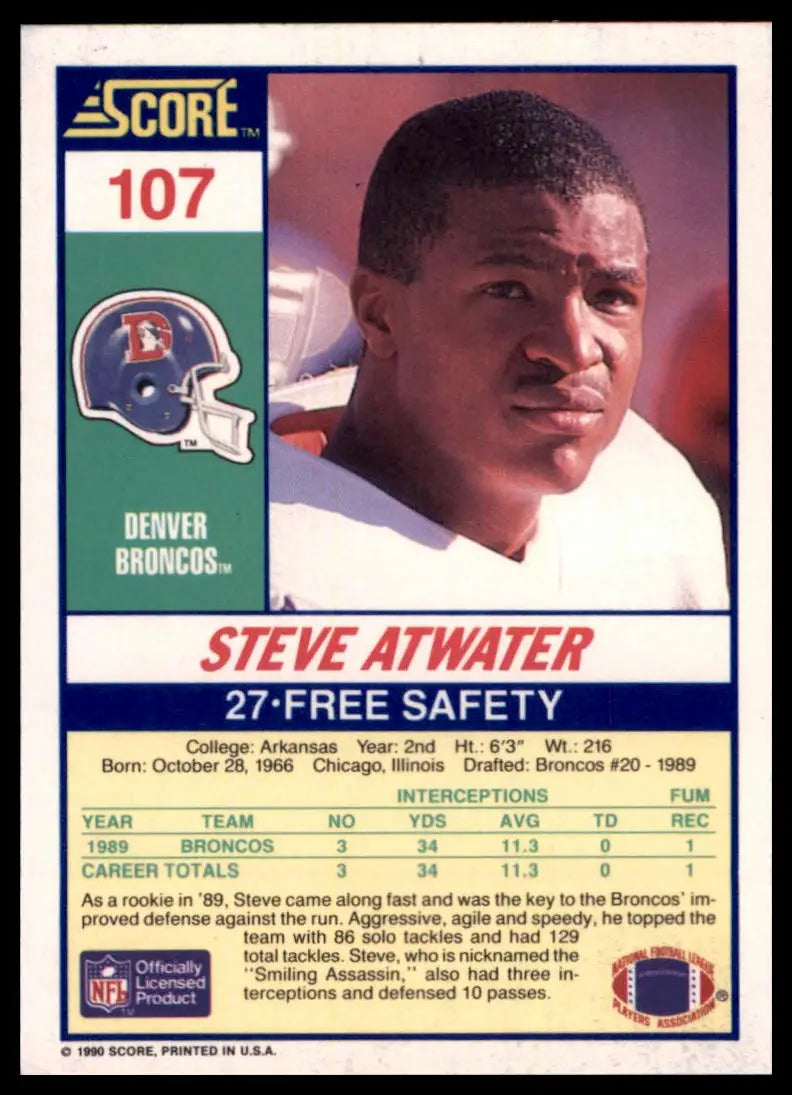 1990 Score Steve Atwater 107 Denver Broncos NM - Football Card Single