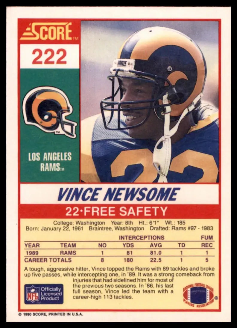 1990 Score Vince Newsome RC 222 Los Angeles Rams NM - Football Card Single