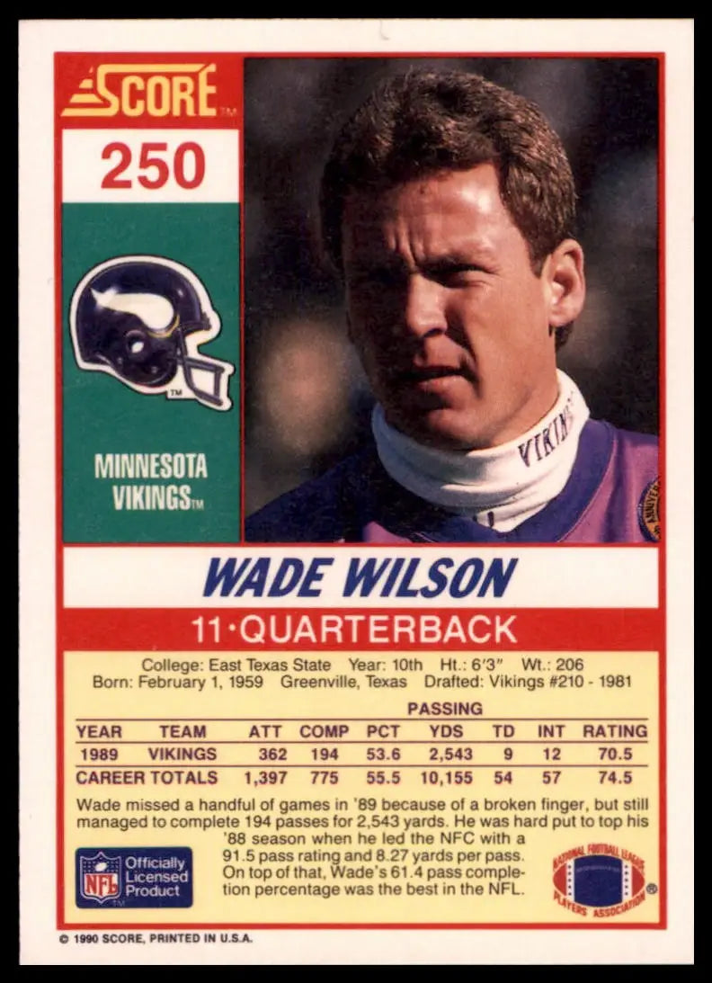 1990 Score Wade Wilson 250 Minnesota Vikings NM - Football Card Single