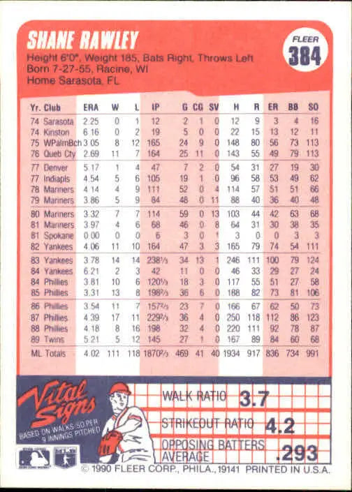 1990 Shane Rawley Fleer Baseball Card #384 - Baseball Card Single