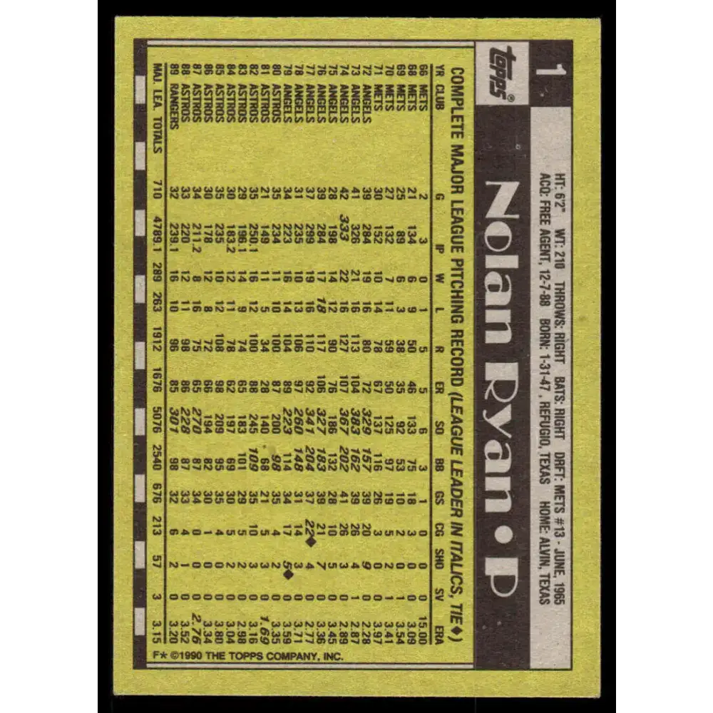 1990 Topps #1 Nolan Ryan EX/NM Texas Rangers Baseball Card