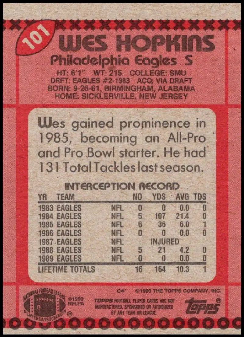 1990 Topps #101 Wes Hopkins EX Excellent Philadelphia Eagles Football Card - Football Card Single
