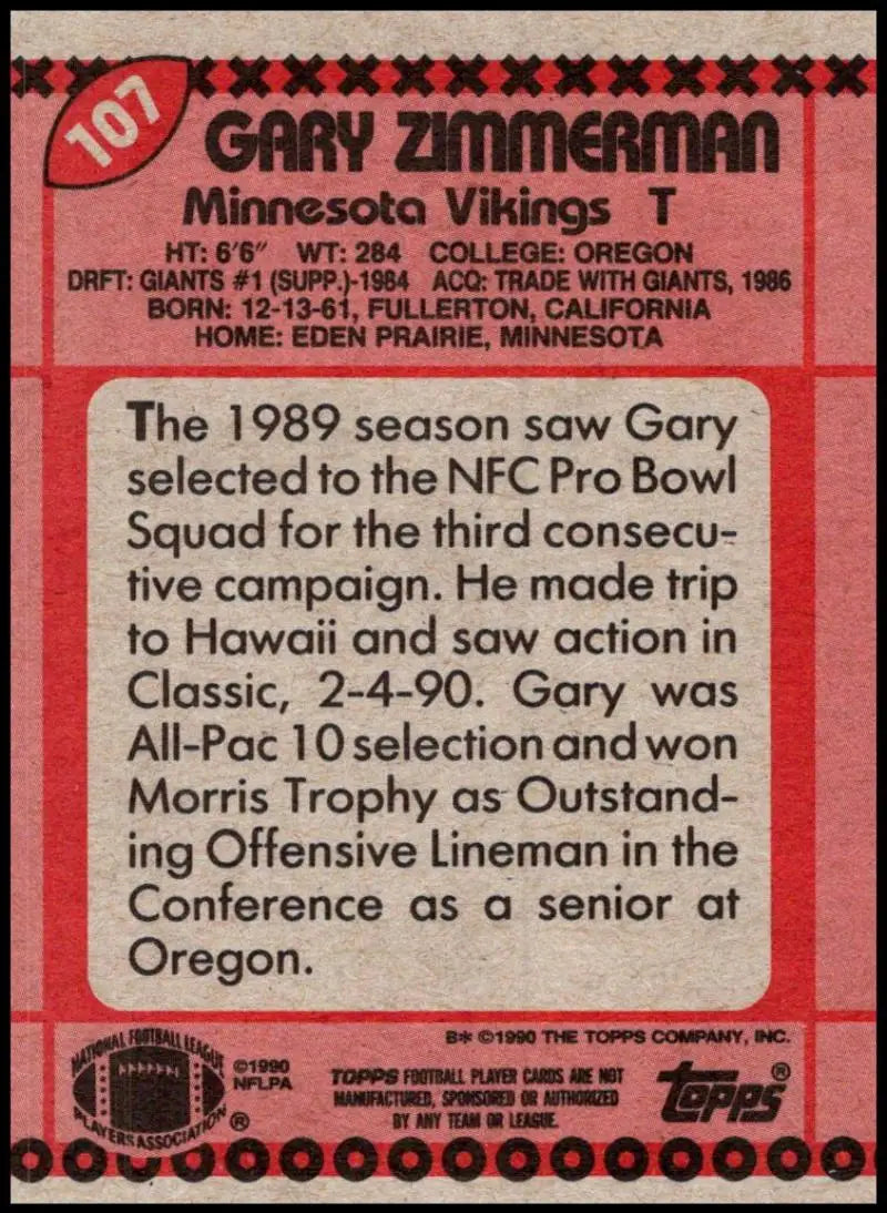 1990 Topps #107 Gary Zimmerman EX Excellent Minnesota Vikings Football Card - Football Card Single