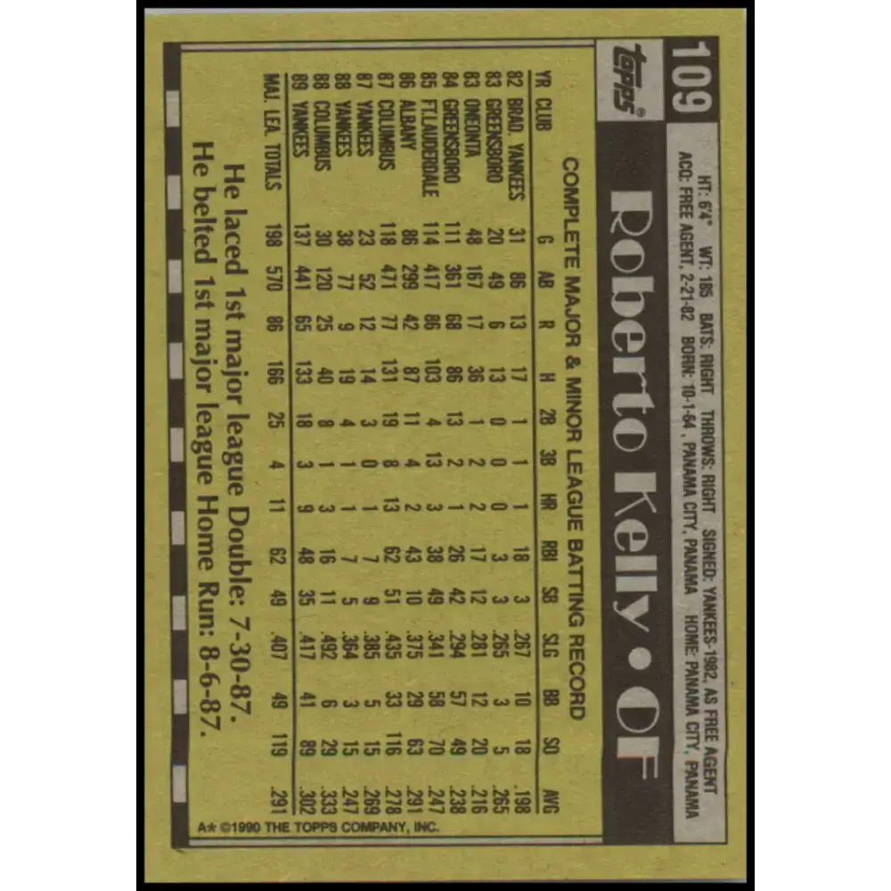 1990 Topps #109 Roberto Kelly NM-MT New York Yankees Baseball Card - Baseball Card Single