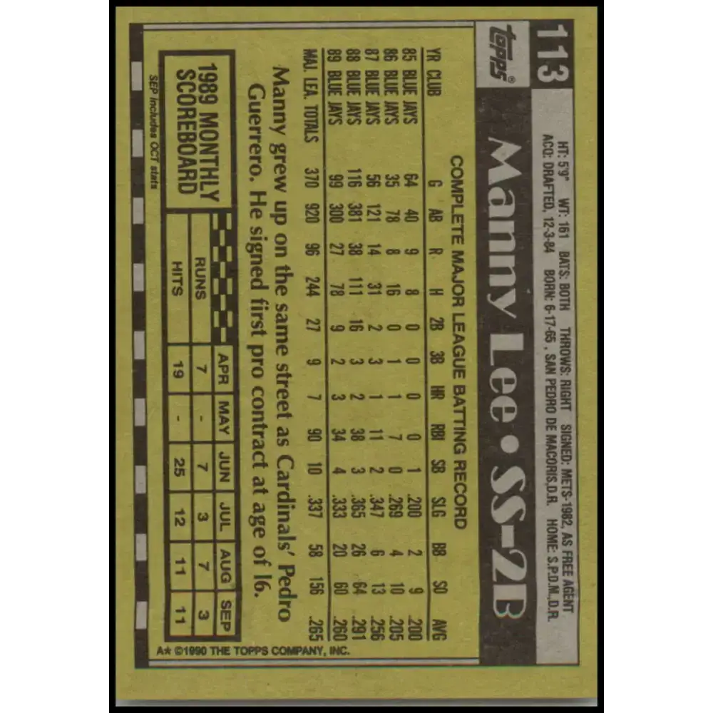 1990 Topps #113 Manuel Lee NM-MT Toronto Blue Jays Baseball Card - Baseball Card Single