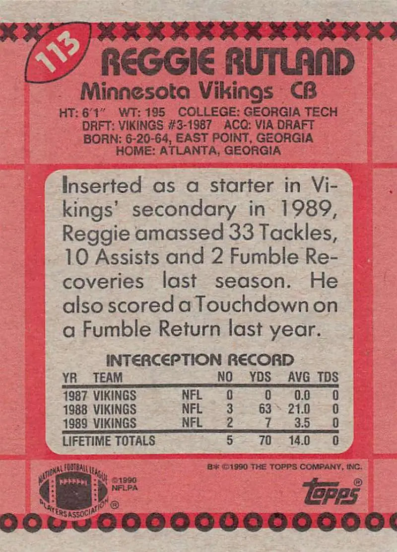 1990 Topps #113 Reggie Rutland EX Excellent RC Rookie Minnesota Vikings Football Card - Football Card Single