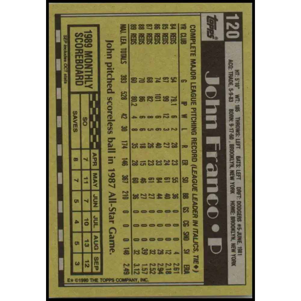 1990 Topps #120 John Franco NM-MT Cincinnati Reds Baseball Card - Baseball Card Single