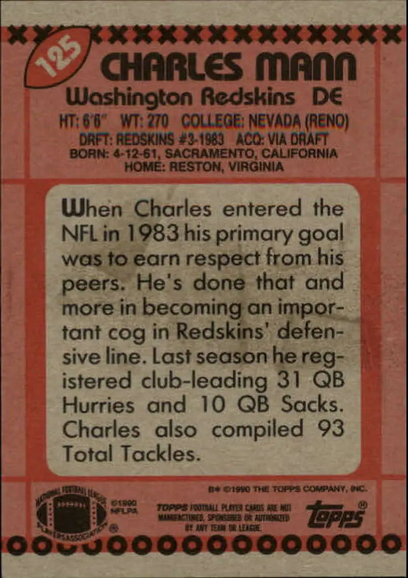 1990 Topps #125 Charles Mann EX Excellent Washington Redskins Football Card - Football Card Single