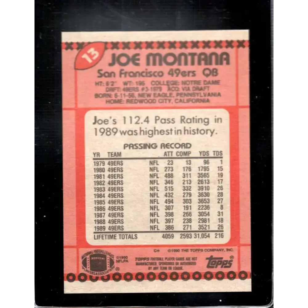 1990 Topps #13 Joe Montana EX Excellent San Francisco 49ers Football Card - Football Card Single