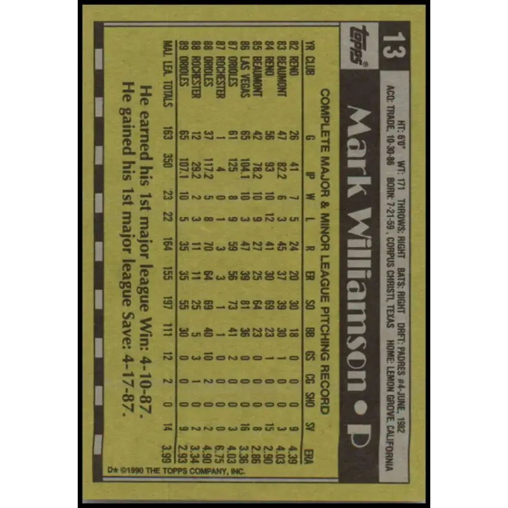 1990 Topps #13 Mark Williamson NM-MT Baltimore Orioles Baseball Card - Baseball Card Single