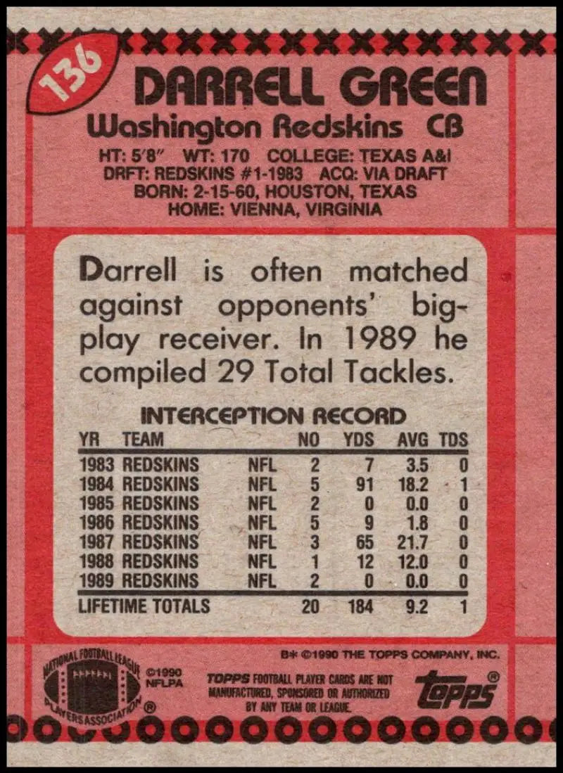 1990 Topps #136 Darrell Green EX Excellent Washington Redskins Football Card - Football Card Single