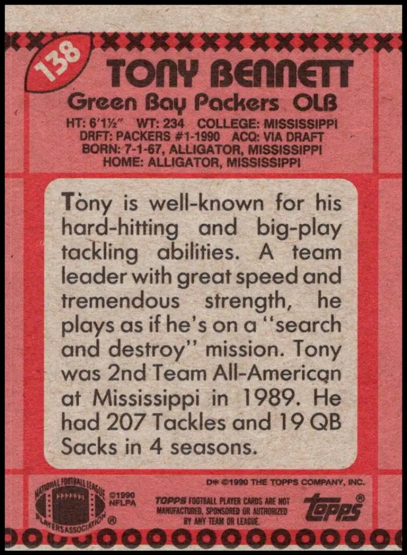 1990 Topps #138 Tony Bennett EX Excellent RC Rookie Green Bay Packers Football Card - Football Card Single